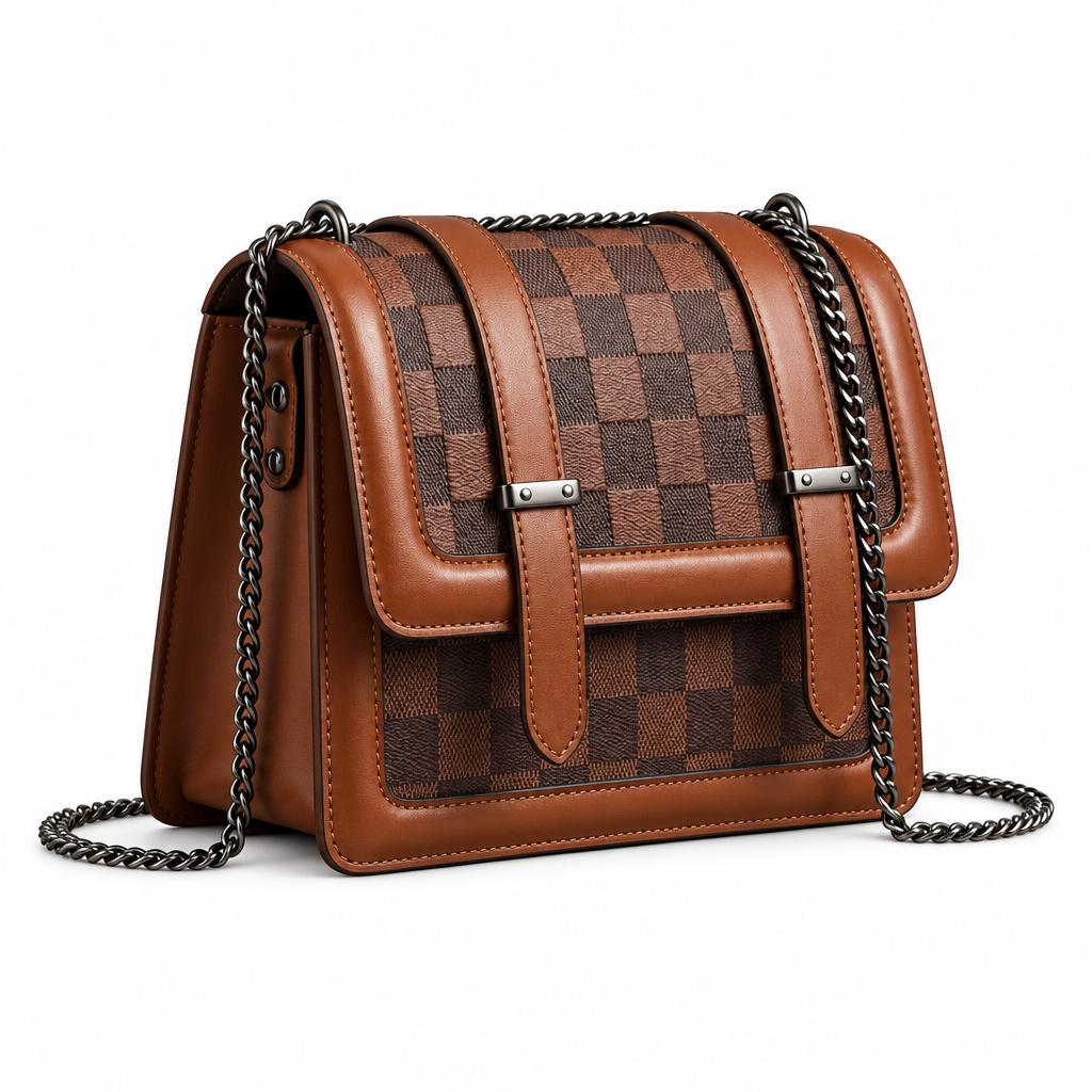 Chestnut brown checker-panel shoulder bag on white background