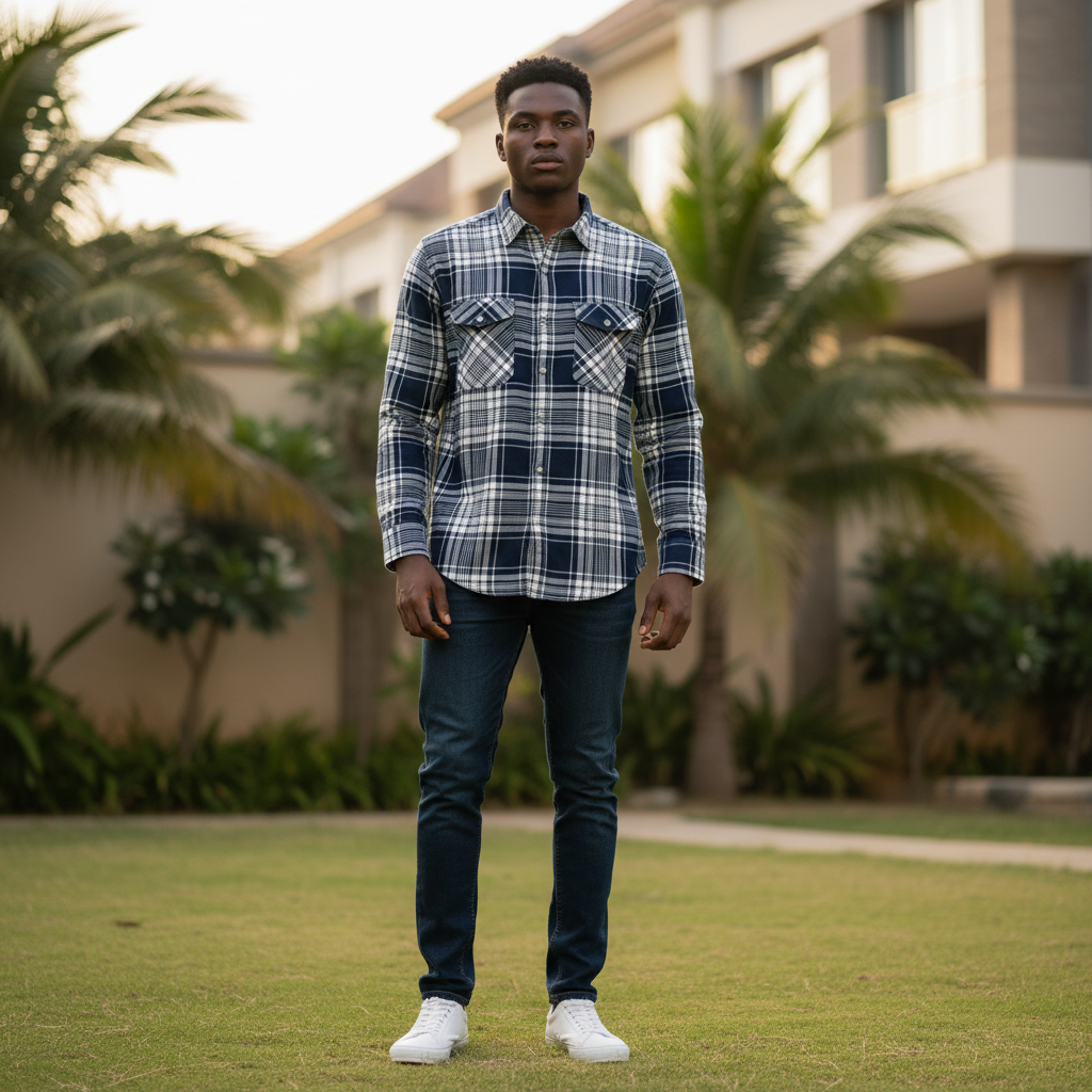 Young Nigerian male wearing bold navy white grey large plaid flannel long sleeve shirt with snap buttons