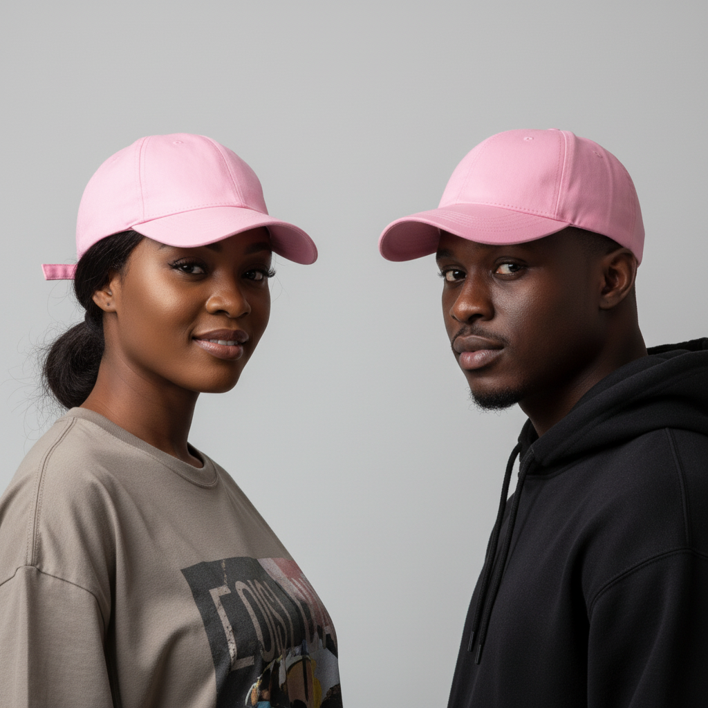 Nigerian male and female models wearing plain pink dad cap