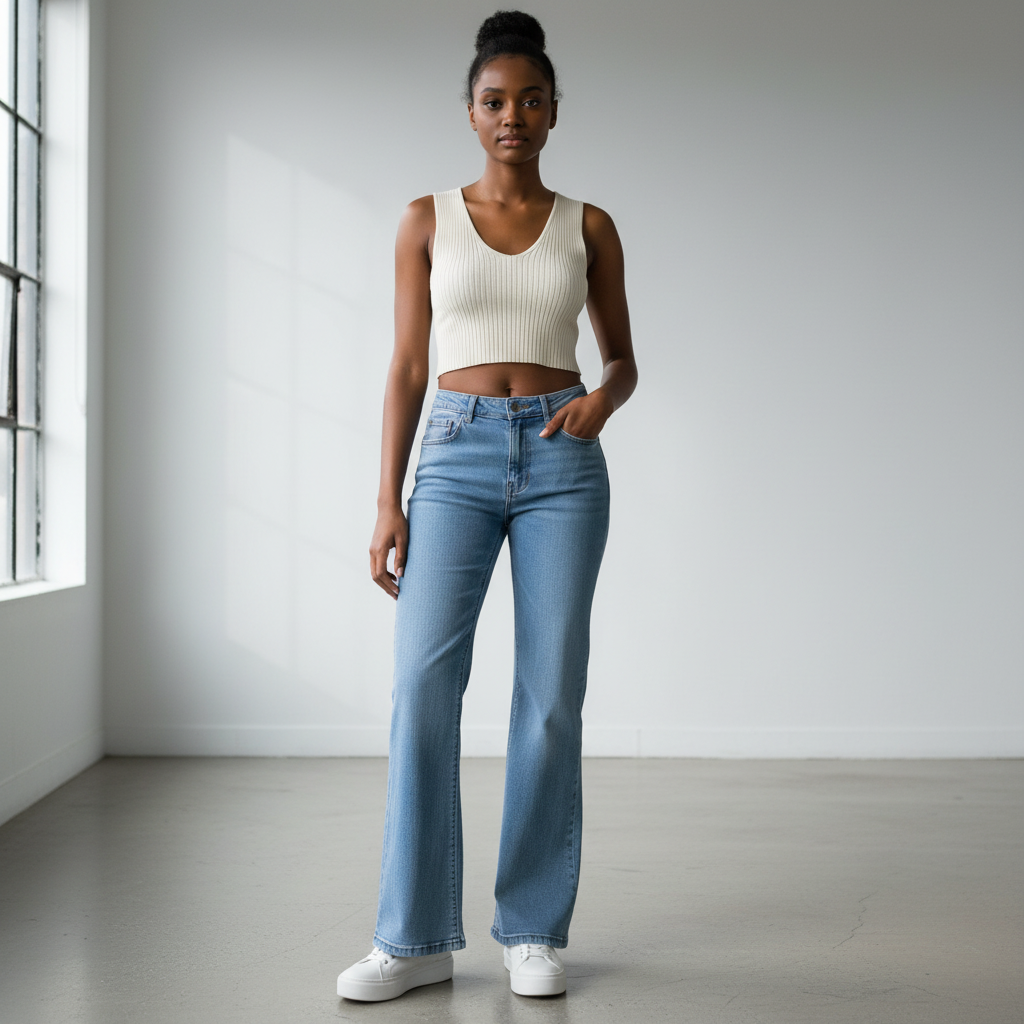 Nigerian female model wearing light blue bell-bottom flare jeans front view