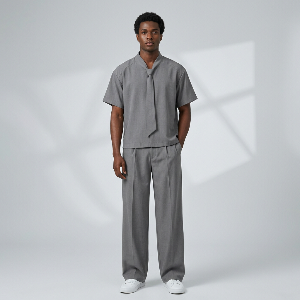 Nigerian male model wearing grey tie-neck shirt and wide-leg trouser set
