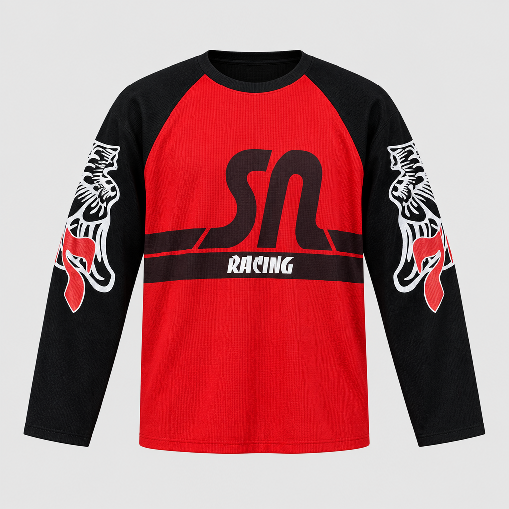 Ghost mannequin view of a red and black graphic long-sleeve shirt