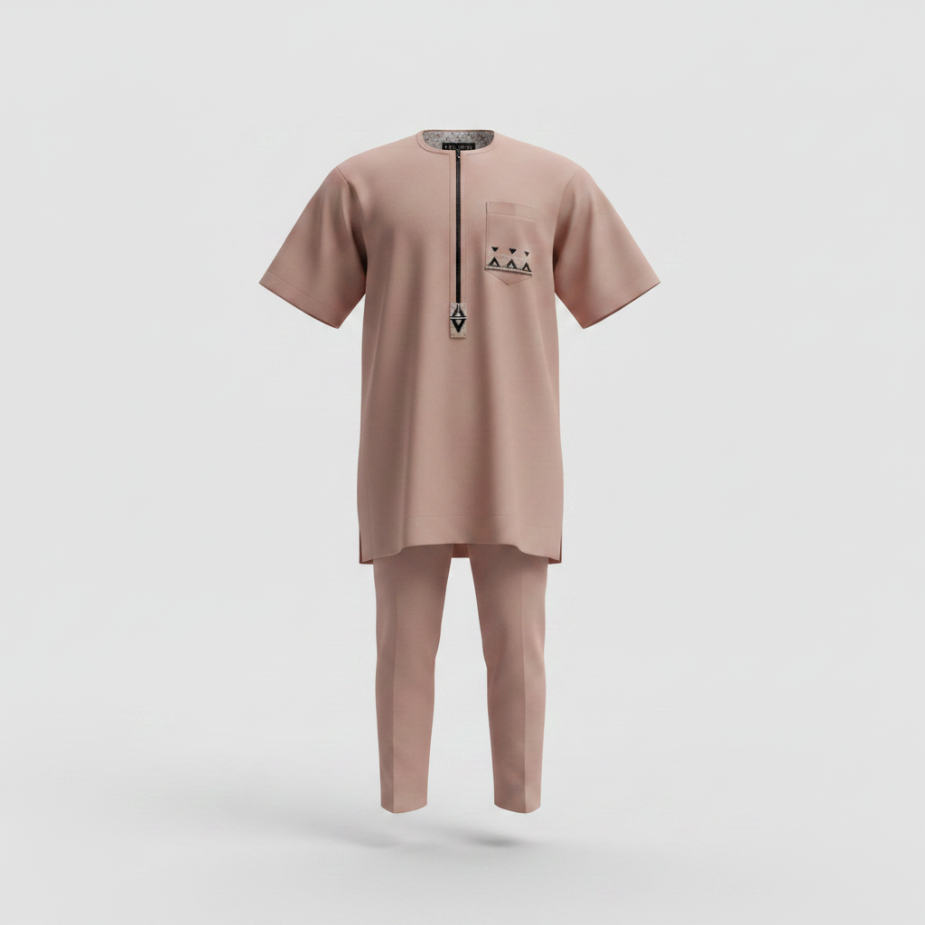 Upright three-dimensional ghost mannequin view of the dusky-pink Senator Wear set