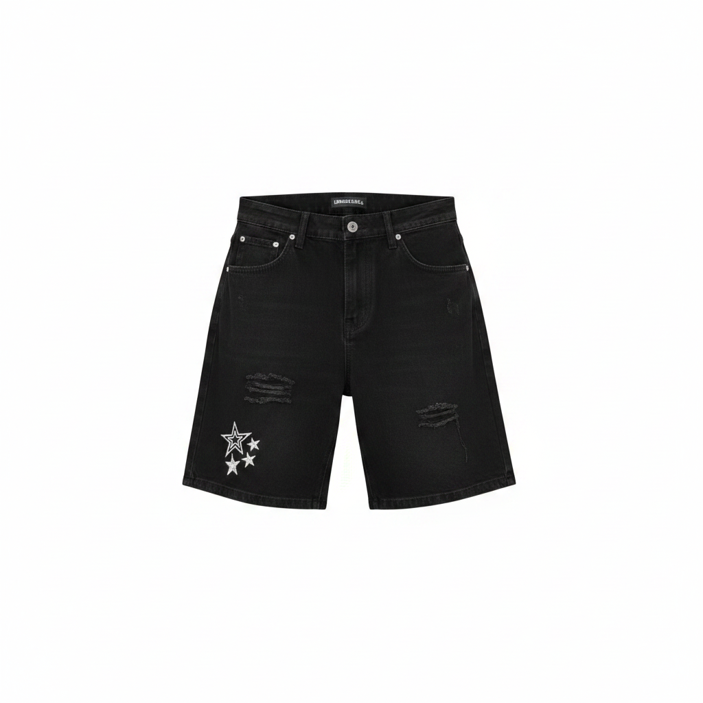 Men's Black Star Embroidery Distressed Denim Shorts – Ghost Mannequin Front View