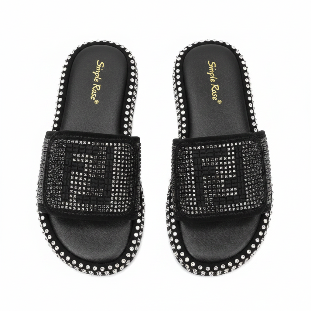 Black scattered rhinestone crystal slide slipper ghost mannequin pair on white background