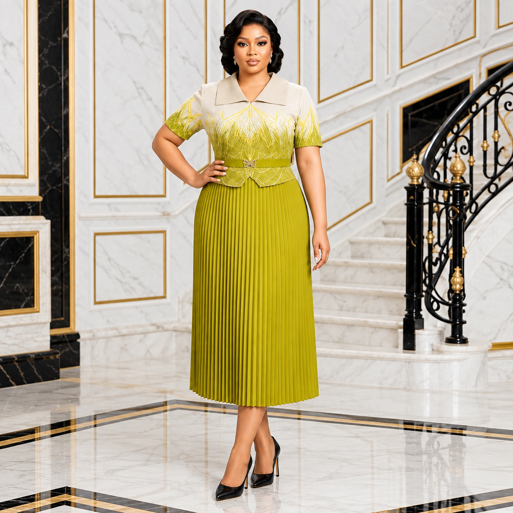 Black Nigerian woman wearing cream and chartreuse pleated dress