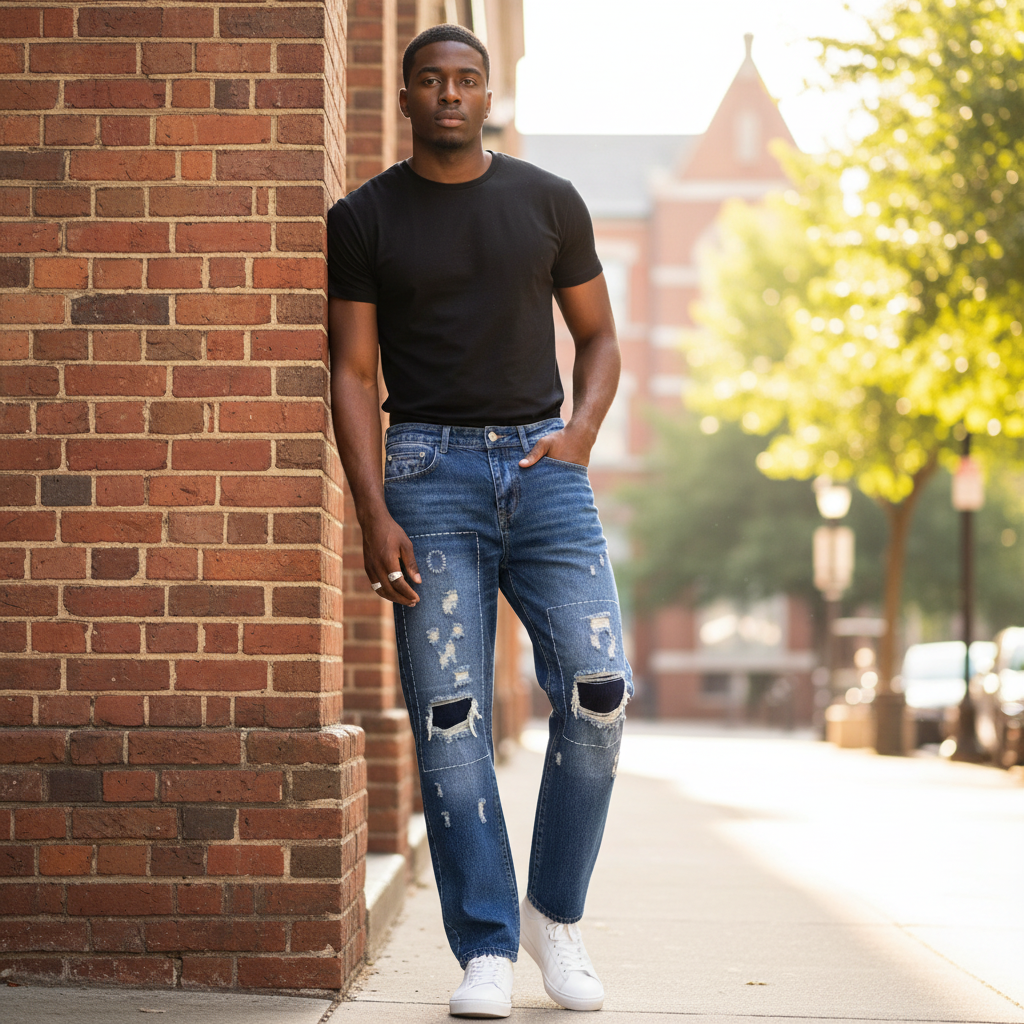 Nigerian model wearing Medium Blue Washed Straight-Leg Heavily Distressed White Contrast Stitch Patch Panel Jeans