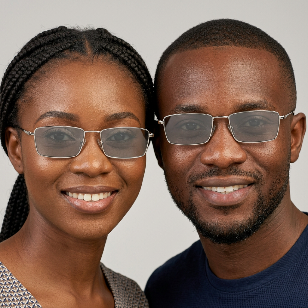 AI-generated adults wearing silver-tone rectangular grey sunglasses