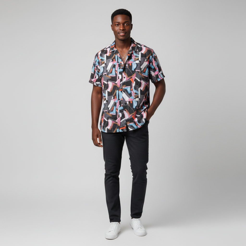 African Nigerian male model wearing men's abstract geometric print short-sleeve vintage shirt