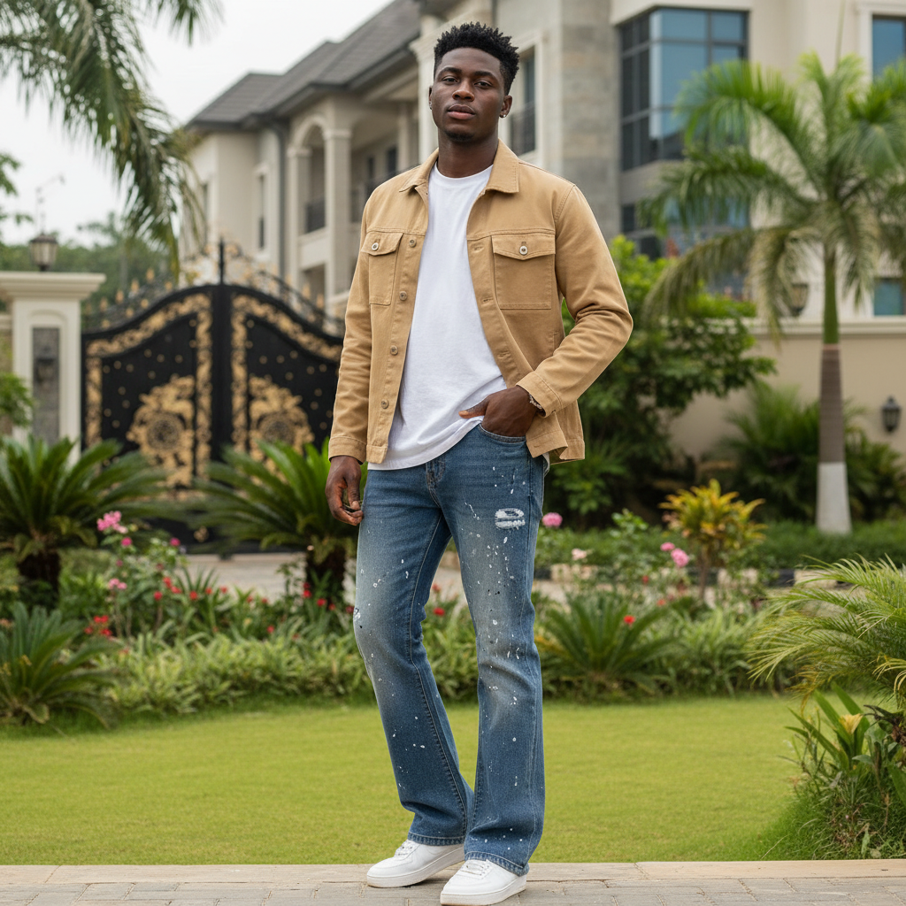 Men's Mid Blue Paint Splatter Flared Denim Jeans – Nigerian Male Model Shot