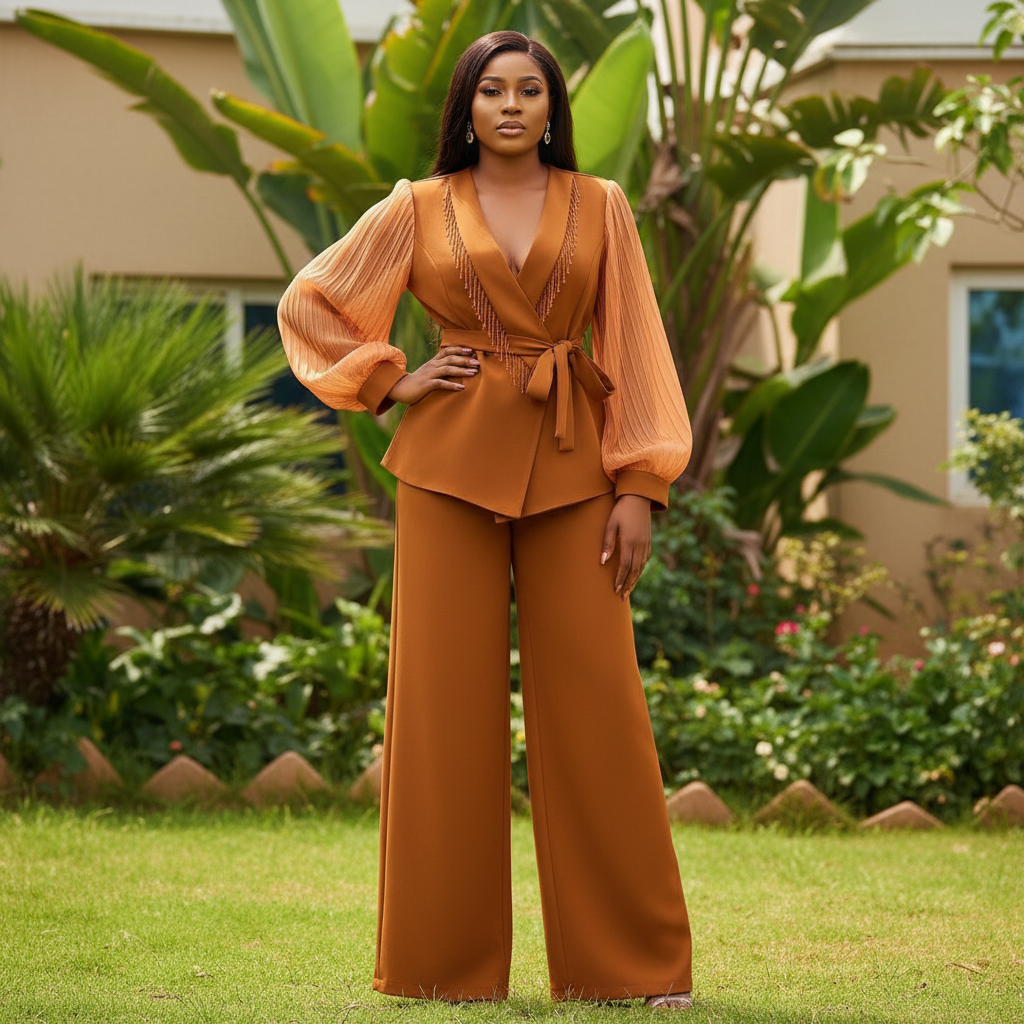 Caramel Sheer Sleeve Peplum Suit Set - Front Model View
