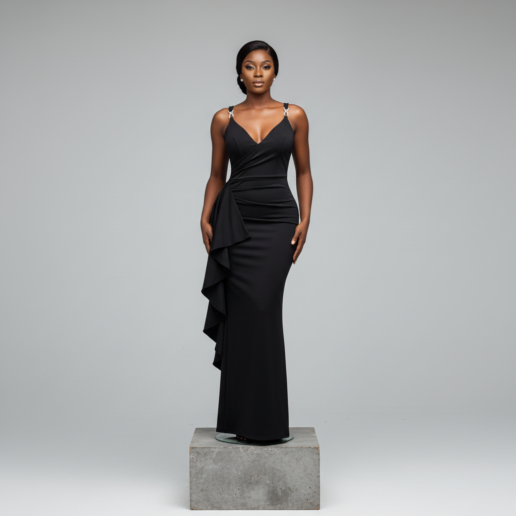 Black Ruffle Side Maxi Gown – Model Shot
