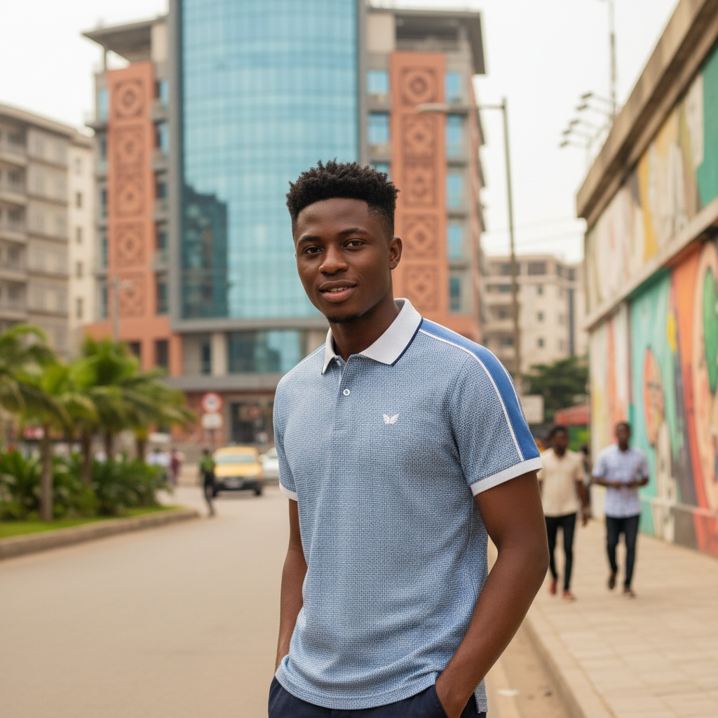 Young Nigerian male model wearing blue micro-check polo shirt, front view, Nigerian urban background