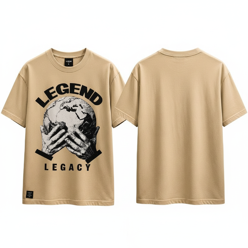 Men's cream beige short-sleeve globe graphic tee ghost mannequin front and back view