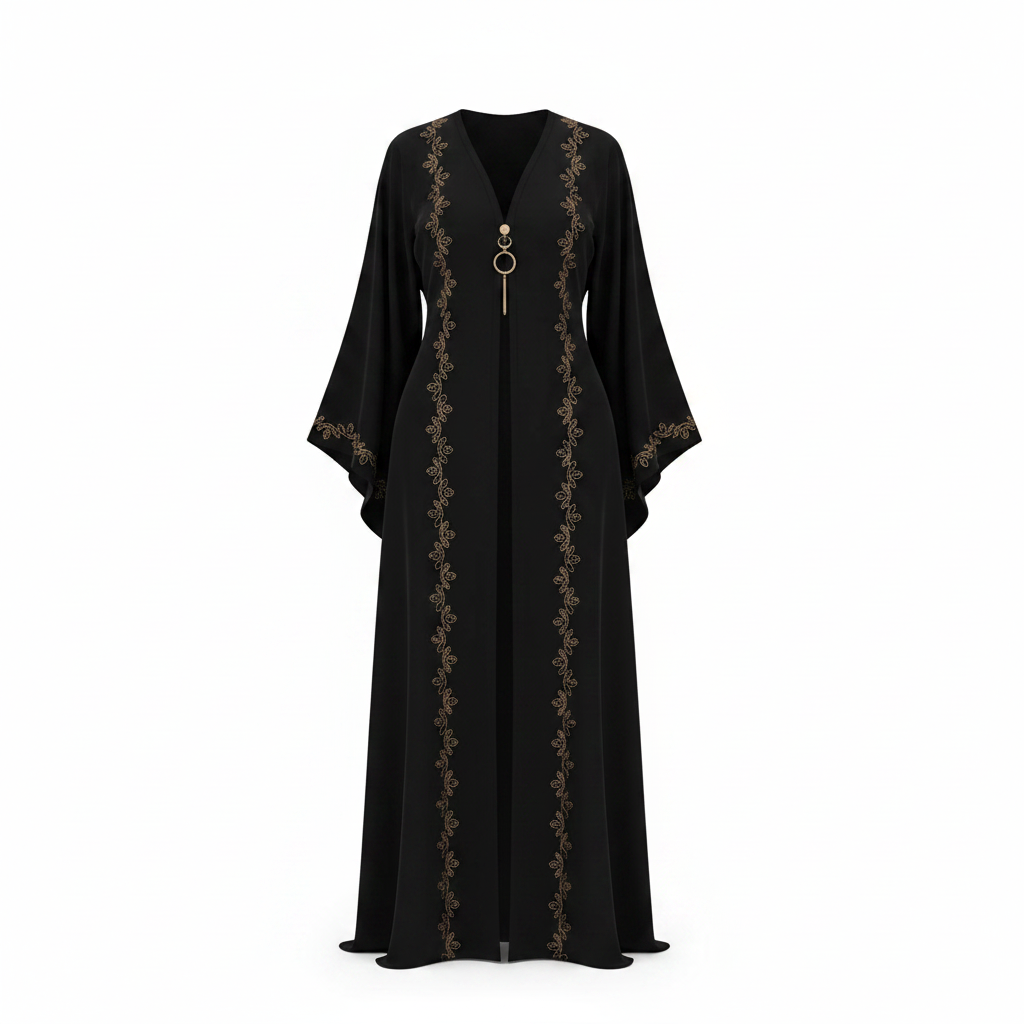 Black abaya with gold vine embroidery ghost mannequin front view