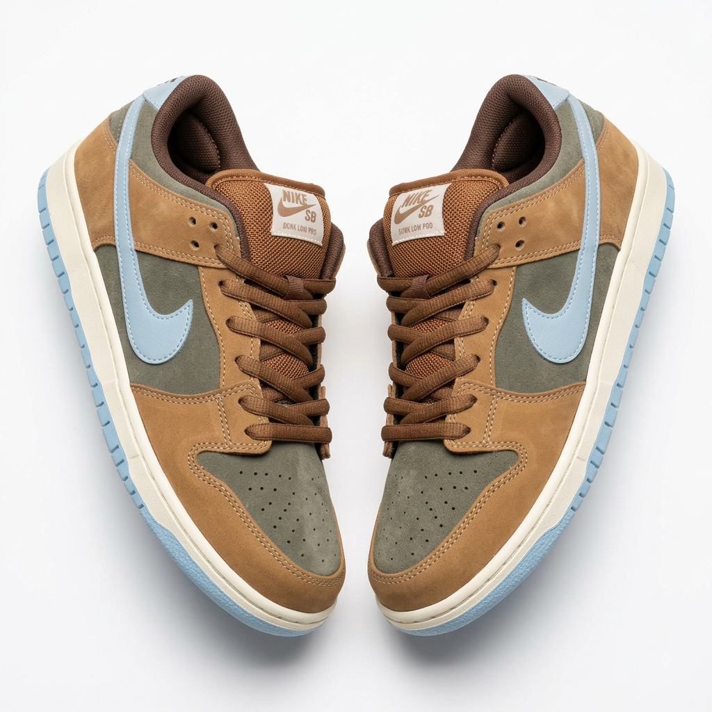 Pair of tan and olive-grey low-top sneakers with pale blue accents on a white background