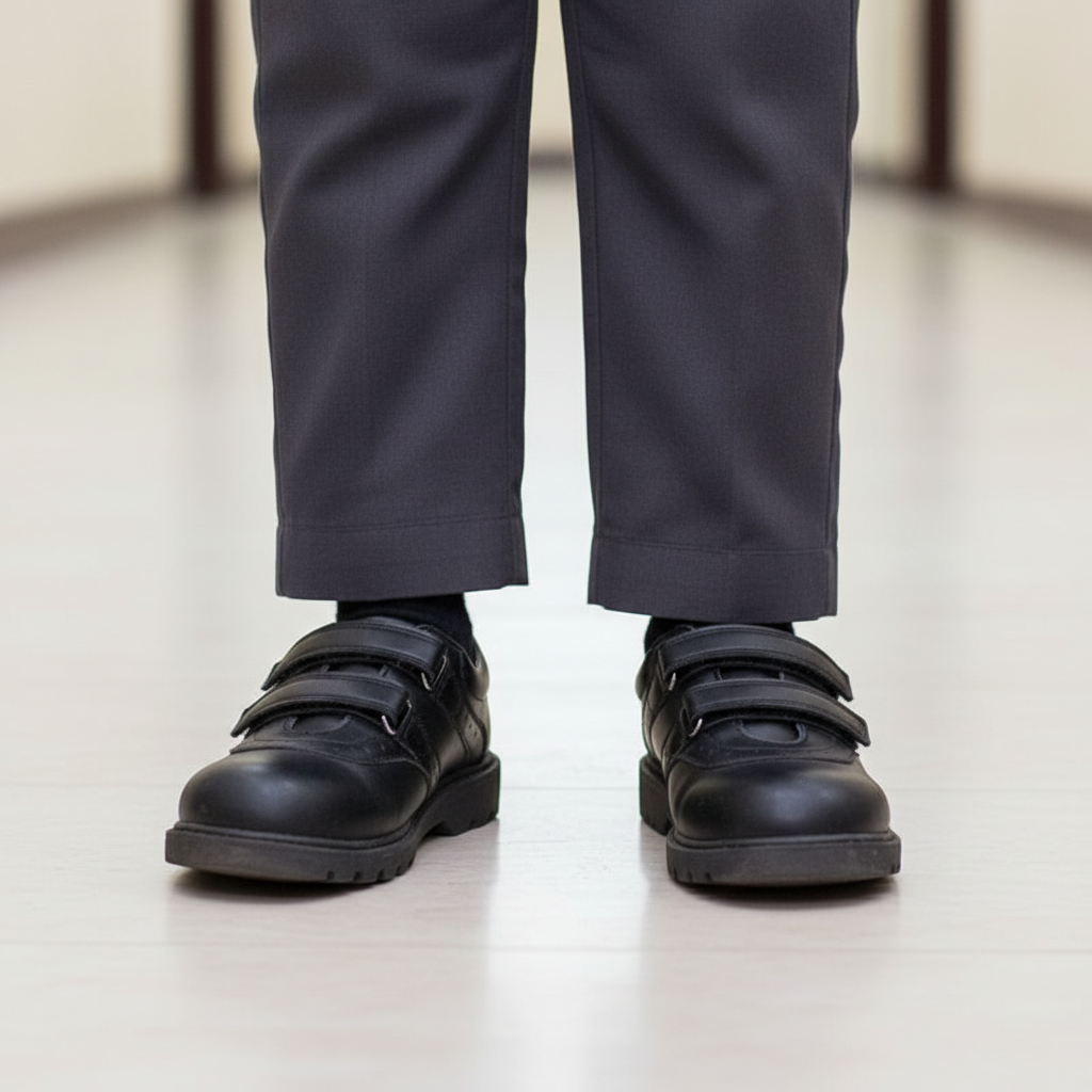 Black Double Velcro Leather School Shoe - Model Shot
