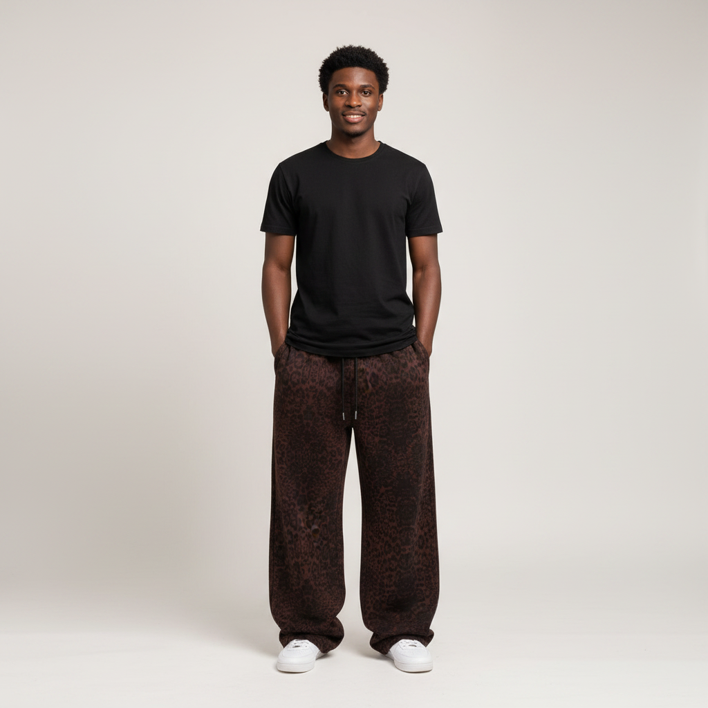 Model wearing brown leopard print baggy joggers with a black t-shirt