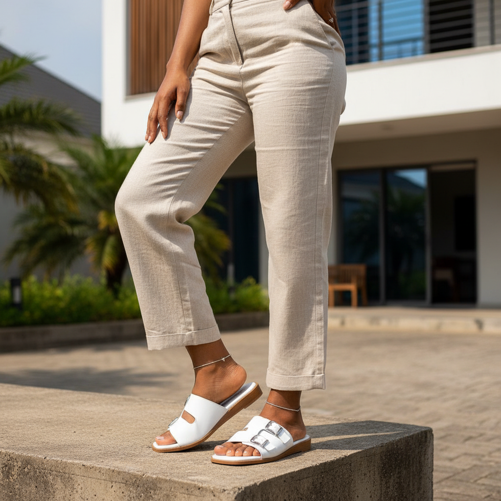 Nigerian female model leg shot wearing white double buckle flat leather slide slippers