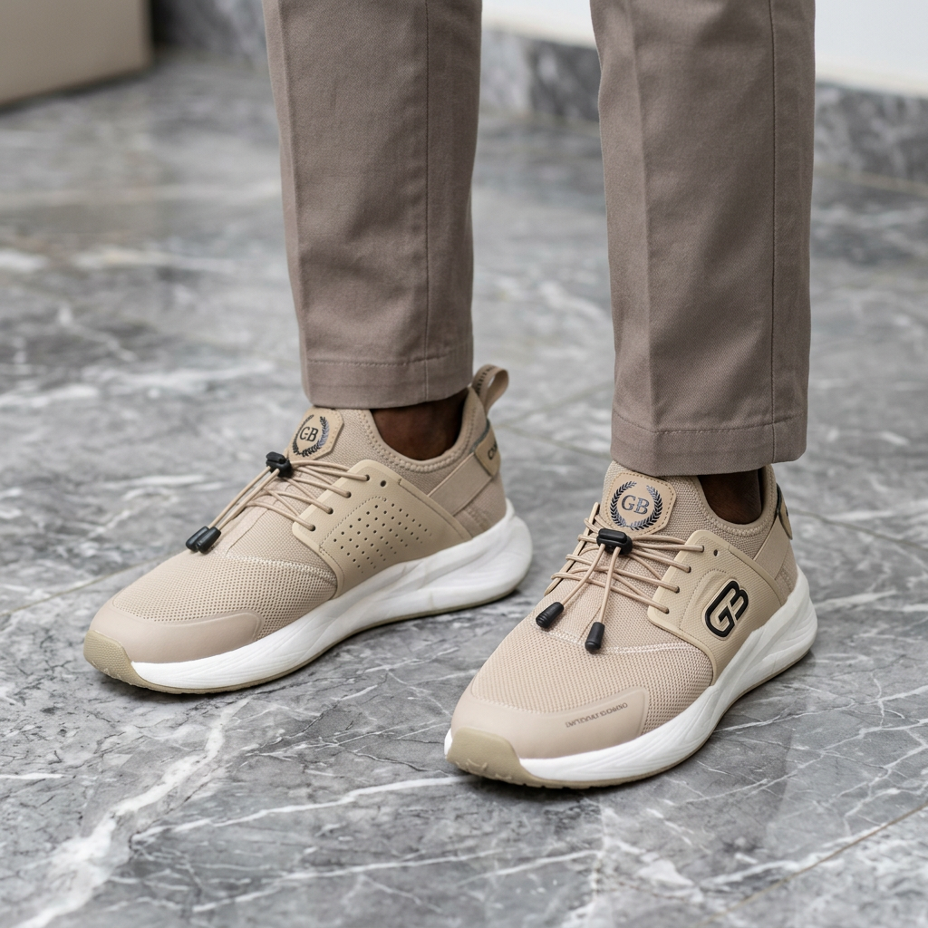 AI-generated beige toggle-lace sneakers worn by a model