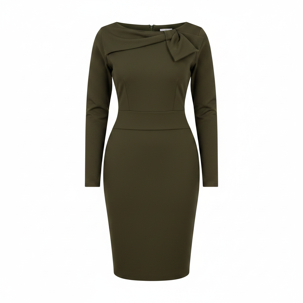 Ghost mannequin view of women's olive green bow detail boat neck bodycon midi dress