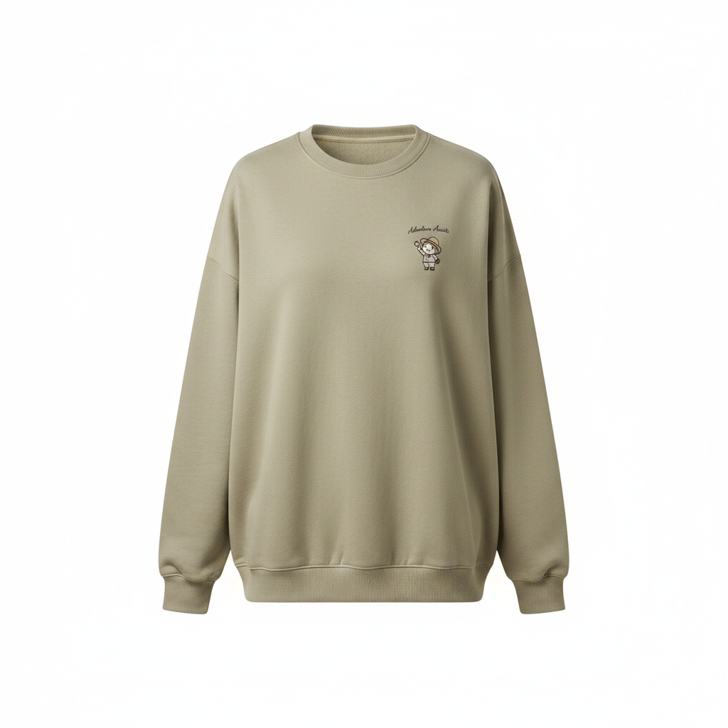 Unisex beige sweatshirt with small cartoon character chest graphic – ghost mannequin front view