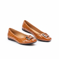 Tan croc-embossed patent leather square-toe ballet flat with square silver buckle — clean pair product shot