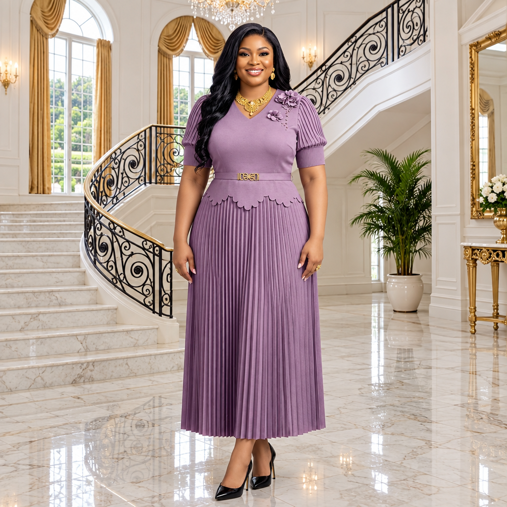 Black Nigerian woman wearing lilac floral pleated occasion dress