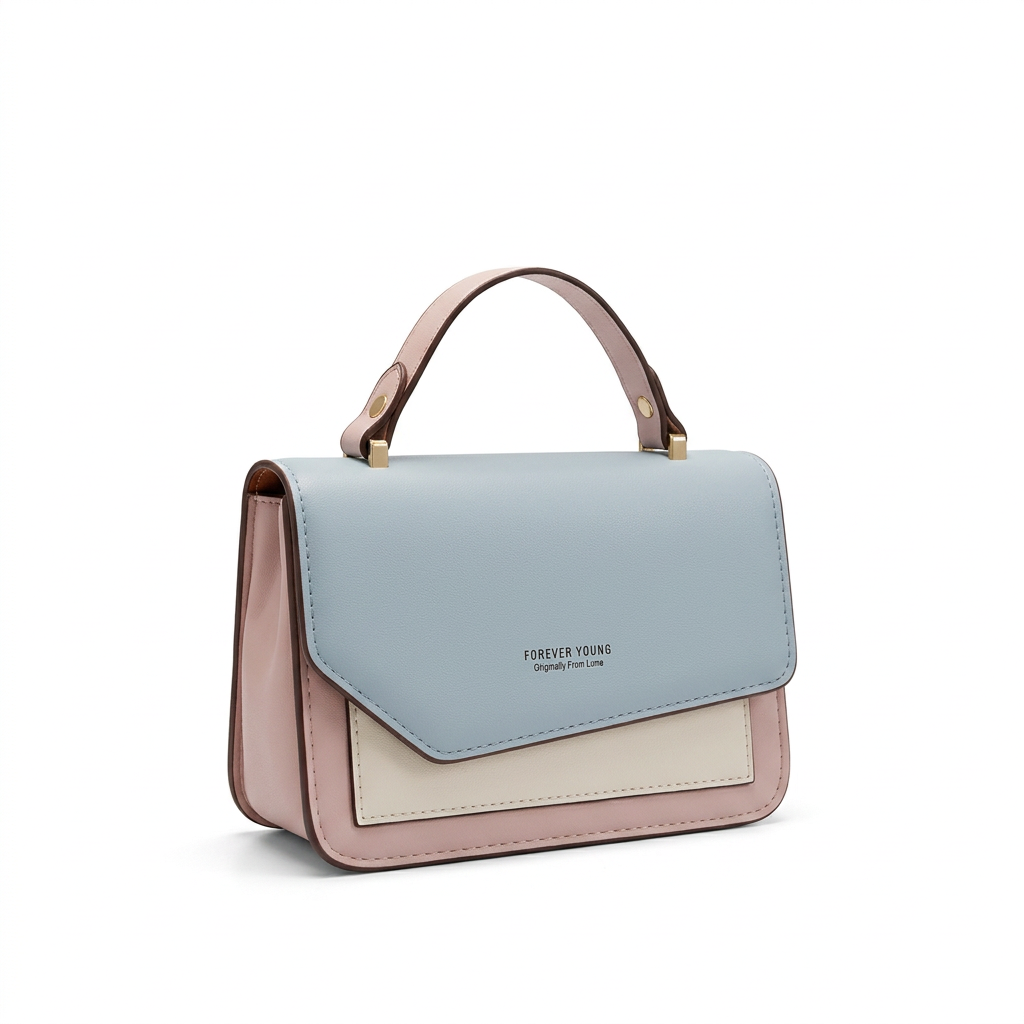 Powder-blue, blush-pink and cream colour-block top-handle bag on white