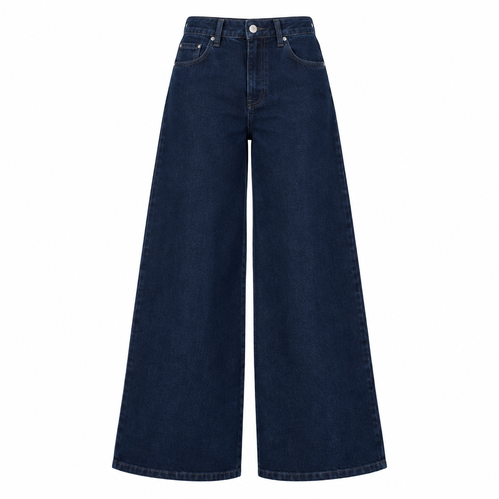 Women's dark indigo wide-leg denim jeans ghost mannequin on white background