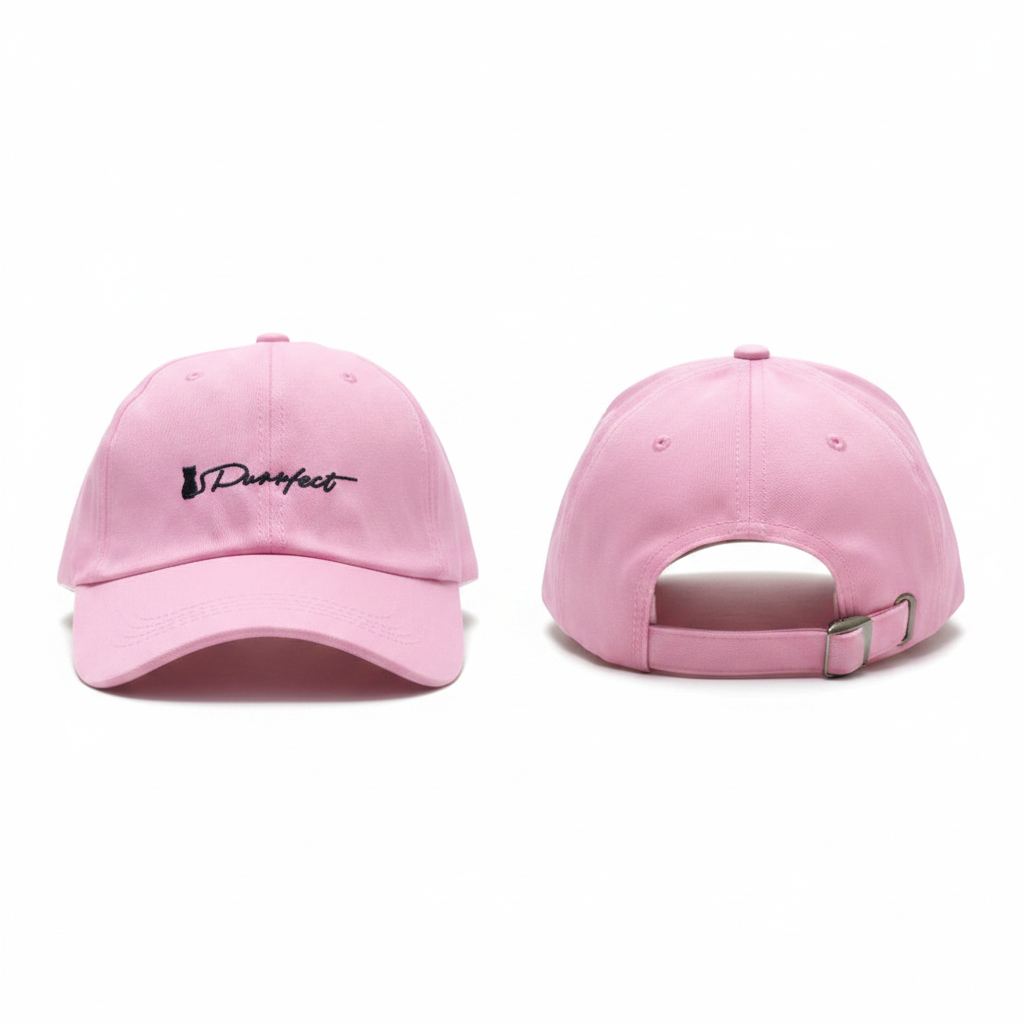 Soft pink Purrfect cat silhouette embroidered dad cap ghost mannequin front and side view