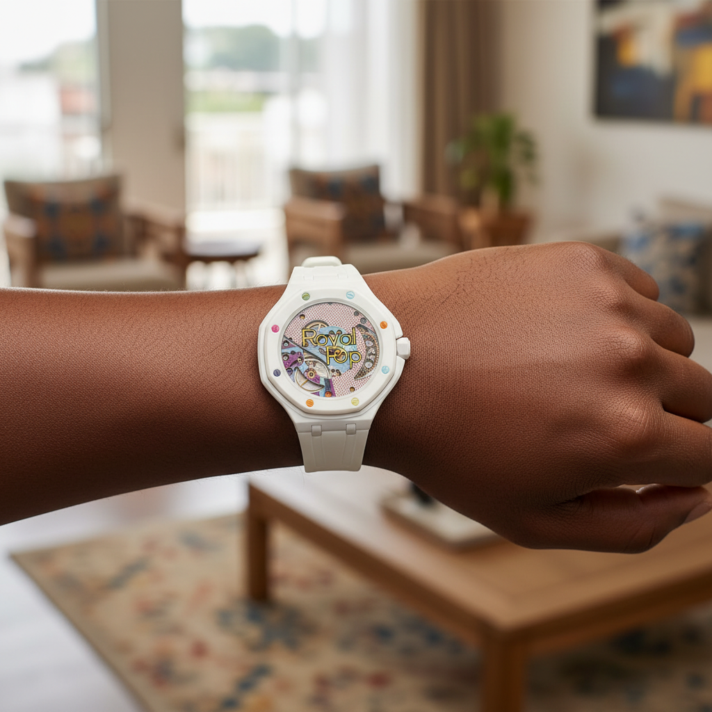 Nigerian model wearing unisex white octagonal skeleton pop watch on wrist