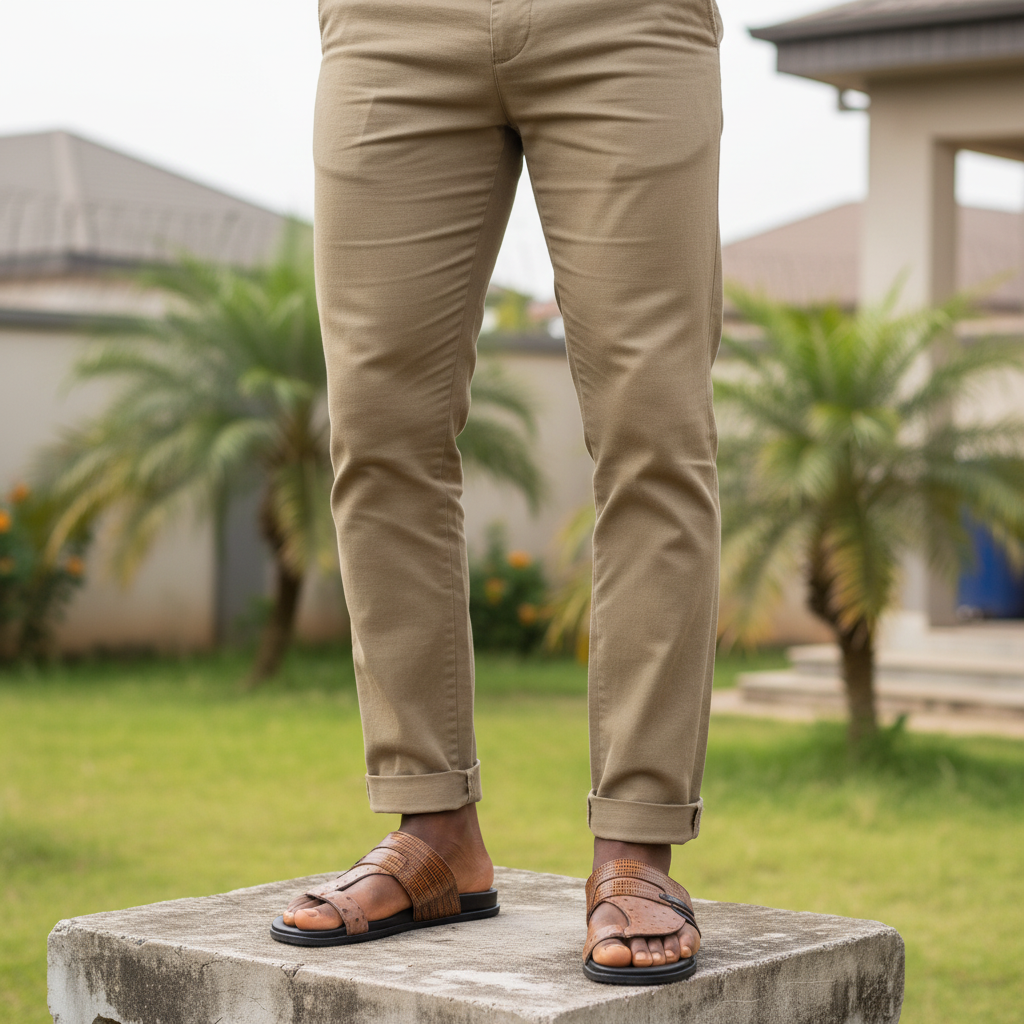 Men's brown ostrich-embossed leather palm slippers worn by Nigerian male model