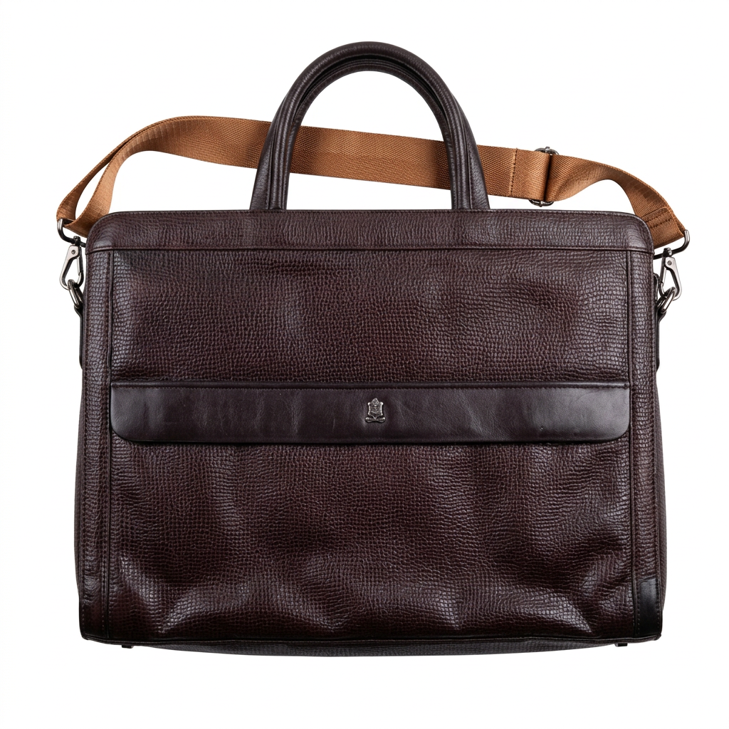Burgundy-brown textured laptop bag with twin handles and tan strap on white