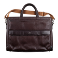 Burgundy-brown textured laptop bag with twin handles and tan strap on white