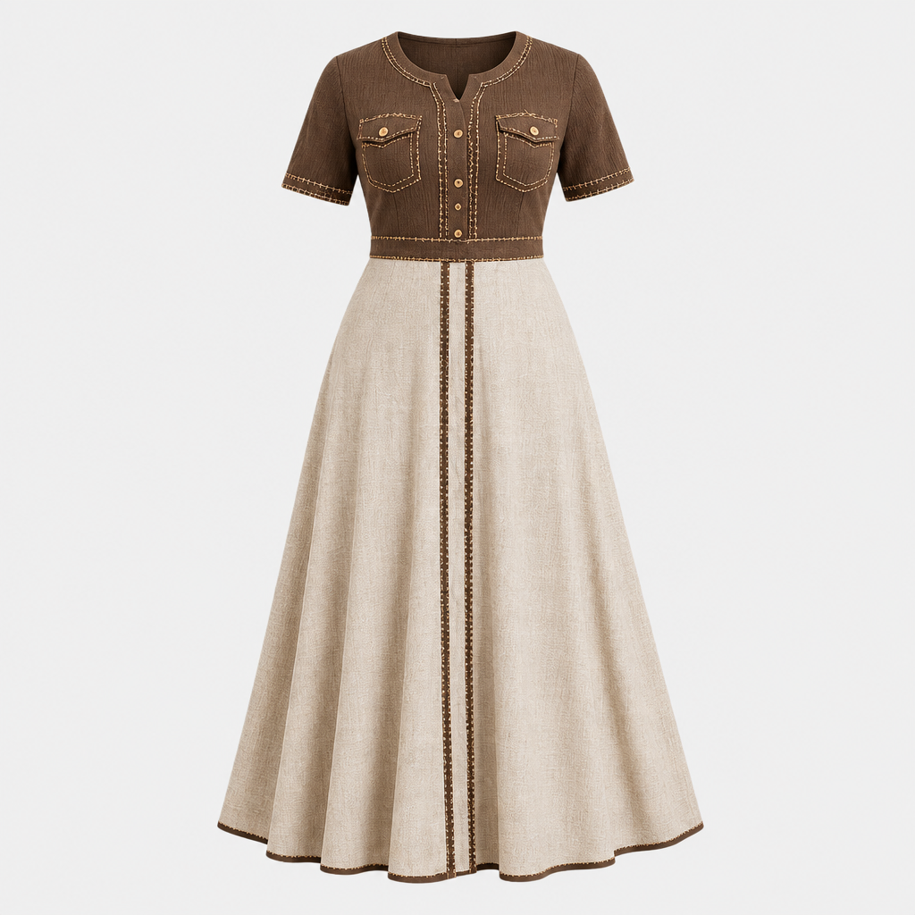 Brown and cream short-sleeve flared dress on invisible mannequin