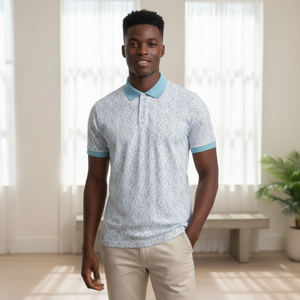 Young Nigerian male model wearing white floral print polo shirt with blue contrast collar