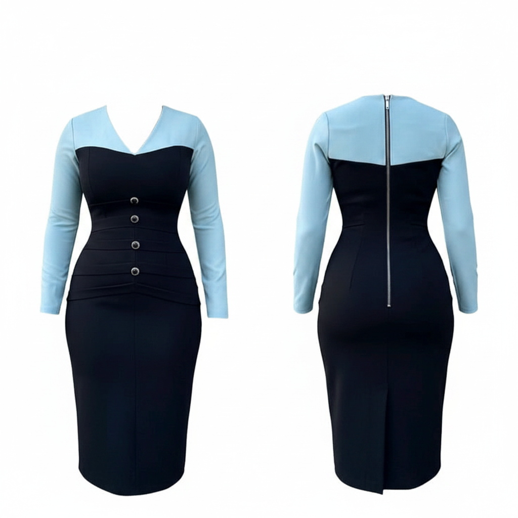 Women's black and light blue sweetheart neck button front midi dress and bolero jacket set - ghost mannequin view
