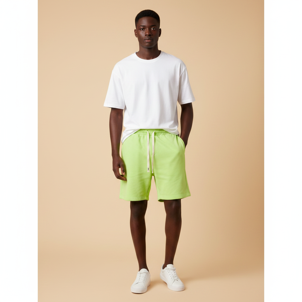 Comfort Luxury Neon Lime Plain Drawstring Sweat Shorts - Model Shot