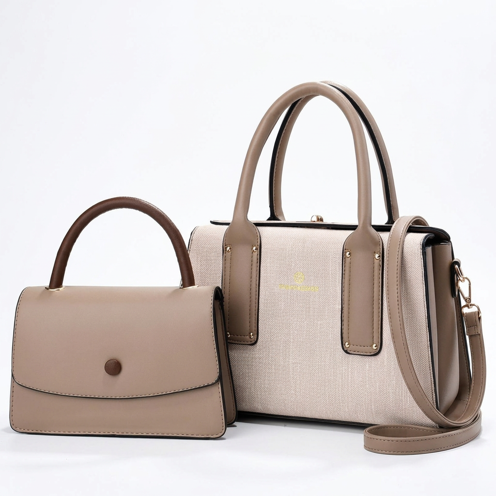 Ivory textured twin-handle handbag with taupe trim beside smaller taupe flap bag