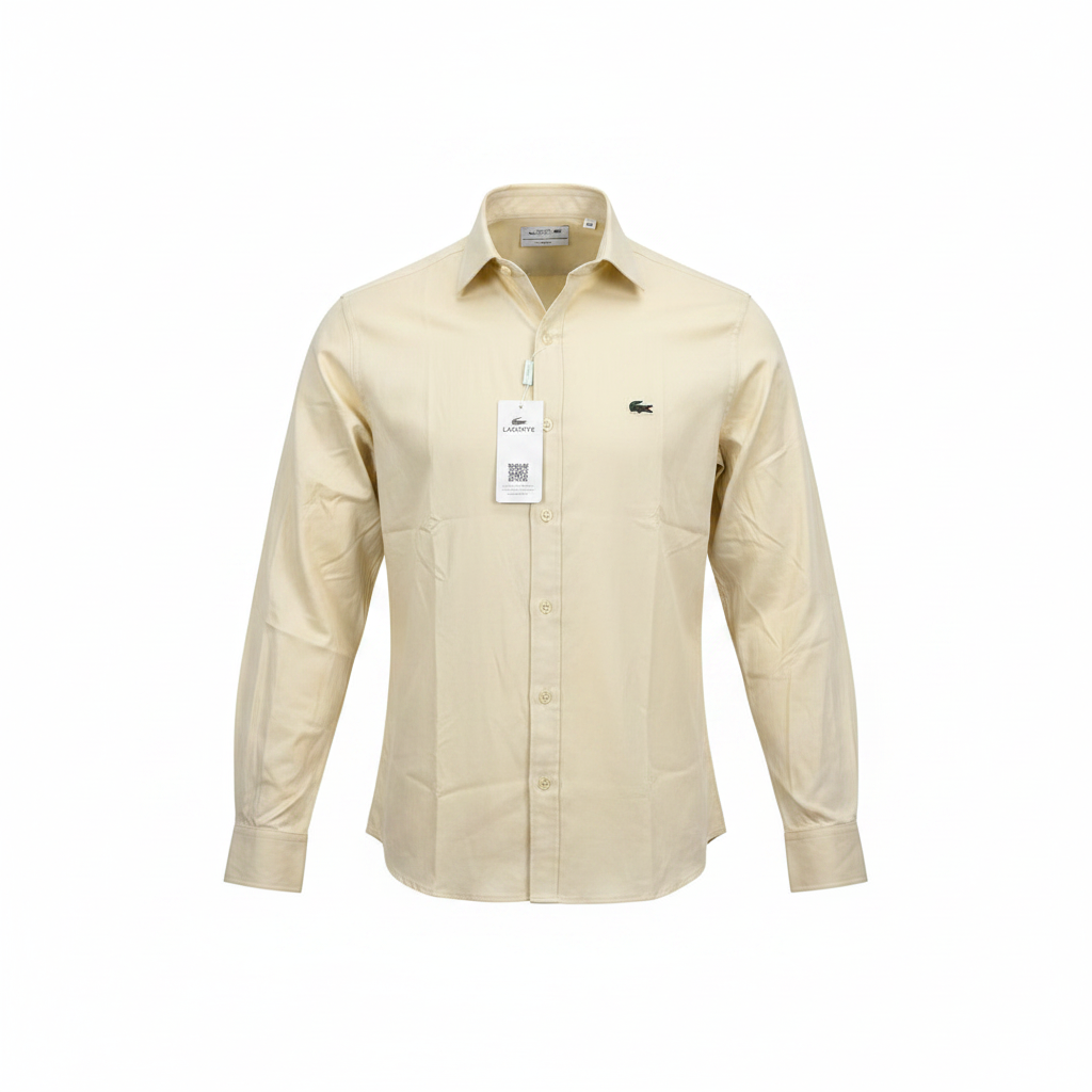 Men's pale lemon yellow long-sleeve button-down casual shirt on ghost mannequin, white background
