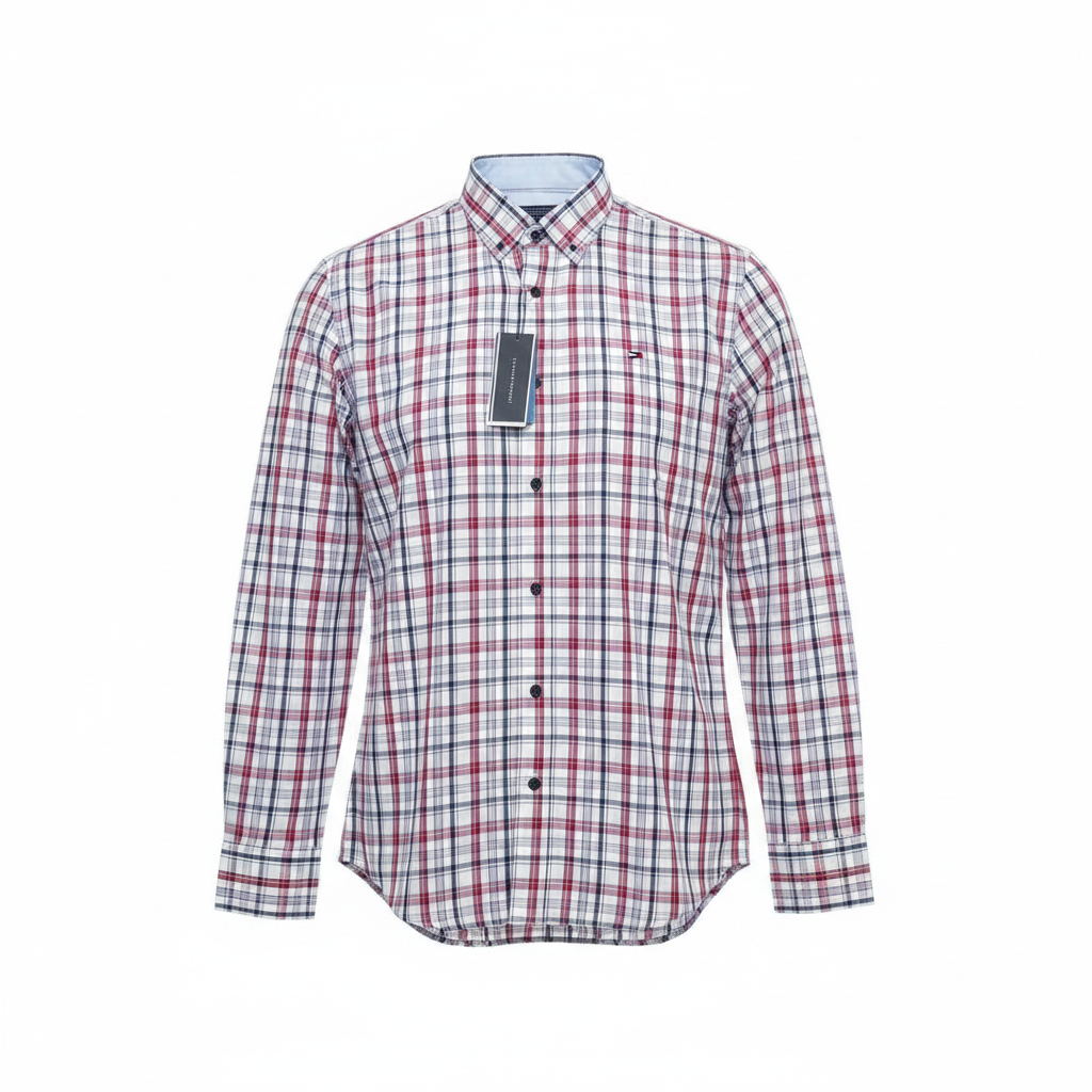 White Red Navy Plaid Long-Sleeved Shirt - Ghost Mannequin
