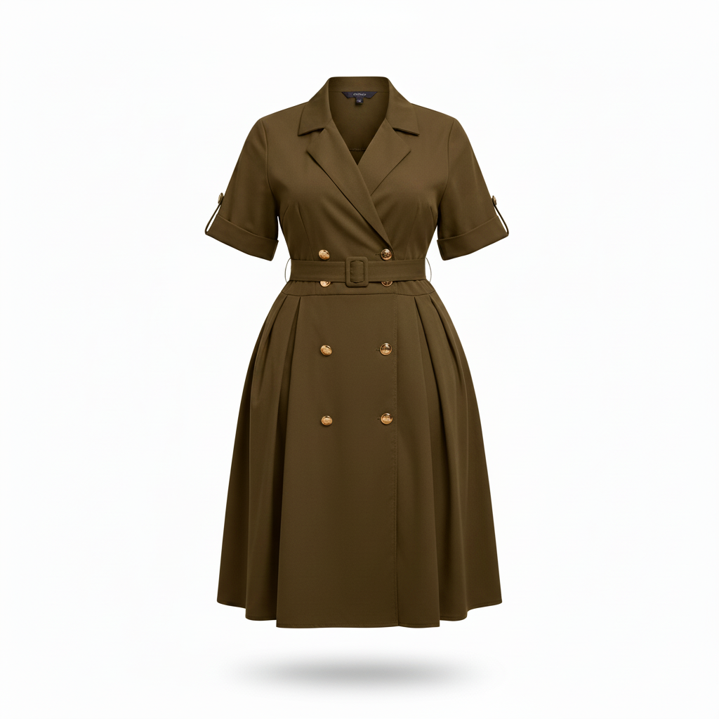 Women's olive double-breasted midi shirt dress – ghost mannequin view
