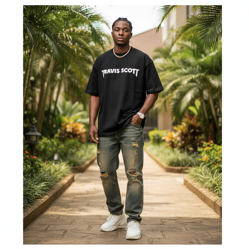 Nigerian male model wearing black bold text graphic oversized tee – front view