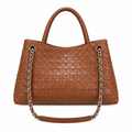 Cognac brown woven-look chain-strap tote on white background