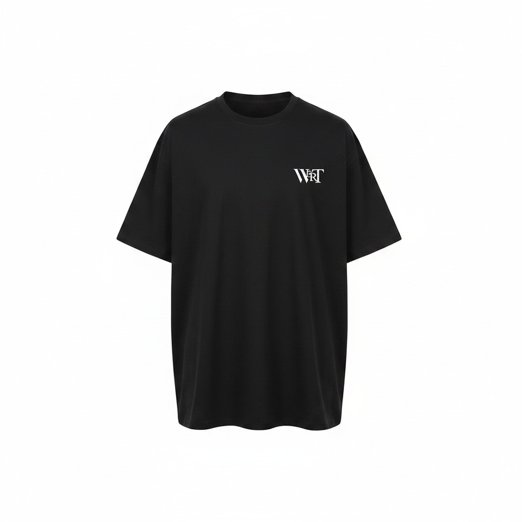 Unisex black WRT monogram alphabet graphic oversized tee – ghost mannequin front view
