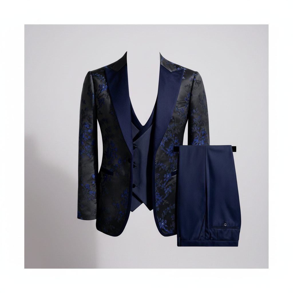 Floral royal blue 3-piece suit ghost mannequin view