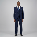 Full-body Black adult model wearing a navy three-piece suit