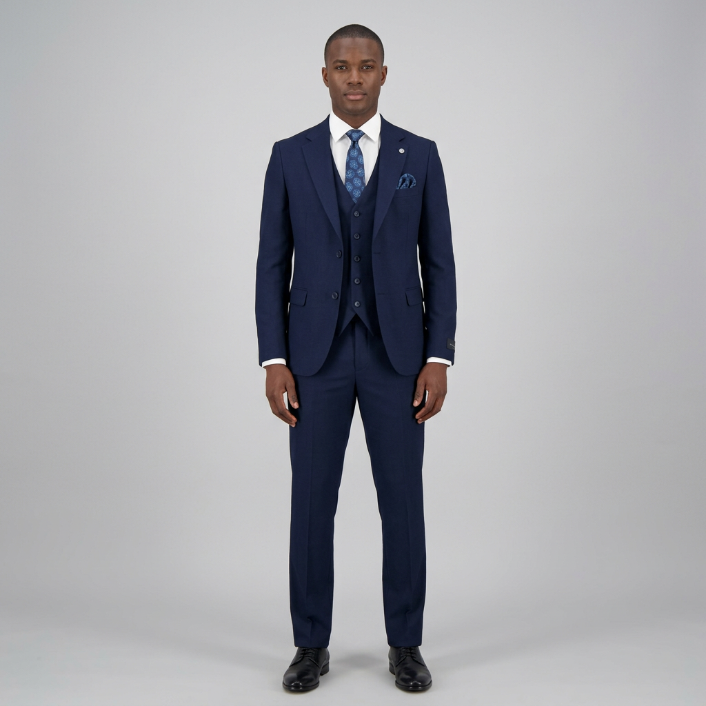 Full-body Black adult model wearing a navy three-piece suit