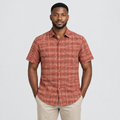 Model wearing rust checked short-sleeve shirt